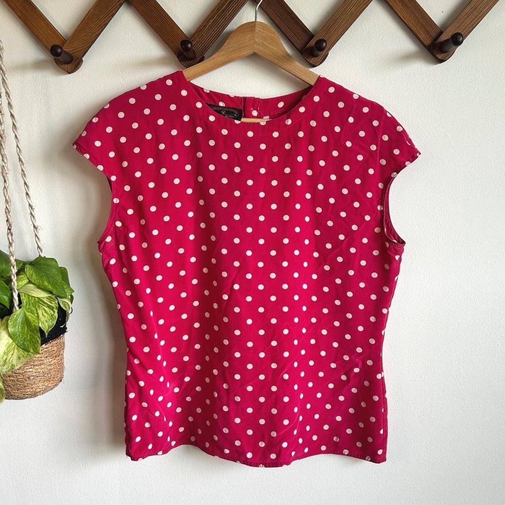 Charter Club Petites Pink Polka Dot 100% Silk Cap Sleeve Button Back Blouse 8P